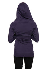 A dark purple zip-up long body travel hoodie jacket with long sleeves, hood, and gathered waistband in eggplant purple