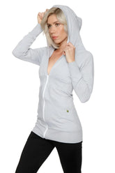 Light gray zip-up long body travel hoodie jacket with soft stretchy fabric and subtle texture in heather grey