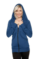 Royal blue zip-up long body travel hoodie jacket with soft stretchy fabric and subtle black zipper trim