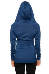 Blue long-sleeved hooded zip-up travel hoodie jacket with fitted silhouette and subtle waist ruching
