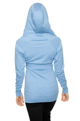 Light blue zip-up long body travel hoodie jacket with relaxed fit hood and ribbed cuffs for comfortable wear