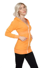 Bright orange zip-up long body travel maternity hoodie jacket with white zipper and long sleeves