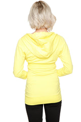 A vibrant yellow zip-up long body travel hoodie jacket with relaxed fit and drawstring hood for comfortable travel