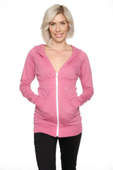 A soft berry pink zip-up long body travel-ready hoodie with a white zipper and front pockets