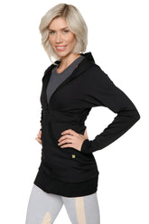 Black long-sleeved zip-up long body travel-ready hoodie with front zipper and subtle green logo detail