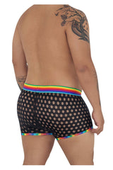 Candyman 99511x black mesh boxer briefs with polka dot pattern and rainbow elastic waistband and trim