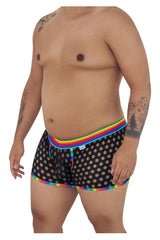 CandyMan 99511X black polka mesh briefs with rainbow trim and small white brand tag front view