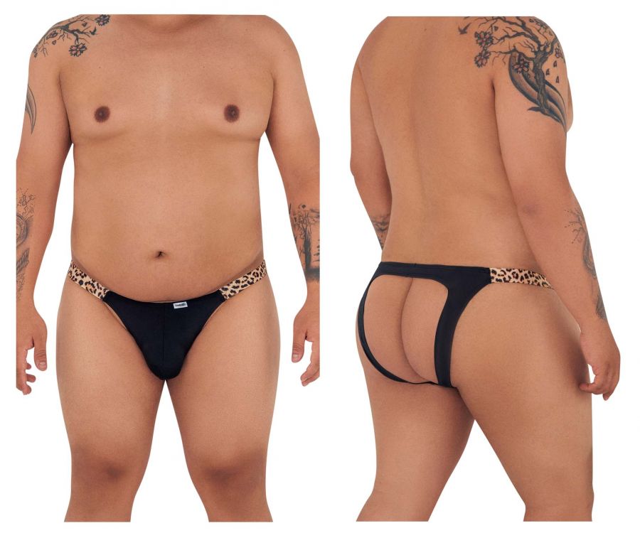 Black thong bikini jockstrap with leopard print trim by candyman in black and animal print colors