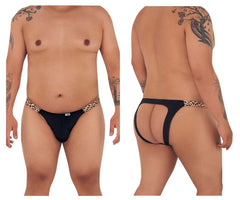 Black thong bikini jockstrap with leopard print trim by candyman in black and animal print colors