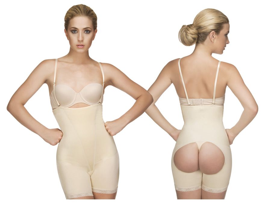 Vedette 504 Isabelle Trägerloser Body bis zur Mitte der Oberschenkel mit Po-Vergrößerer, Farbe Nude