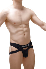 Black petitq men’s briefs with a distinctive crisscross design and white logo jockstring petitq beast black 2023