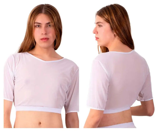 White sheer short-sleeved crop top with rounded neckline and elastic waistband in a trendy and versatile style