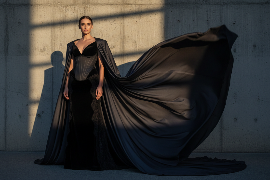 Structured black velvet corset gown with lace trim and weighted cape — adult Halloween costume editorial 2026