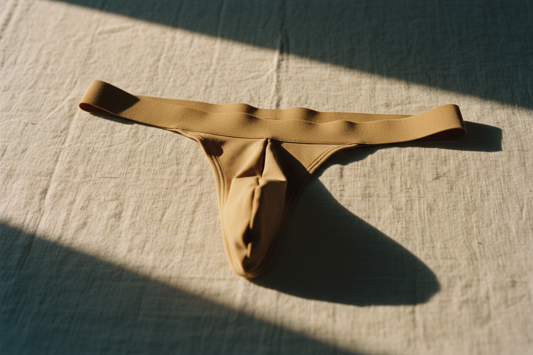 Men's thong flat-lay on textured linen with directional sunlight and editorial shadows