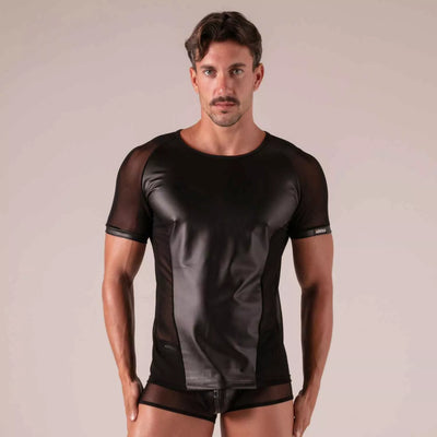 Male model in Absolu Male black faux leather and mesh T-shirt with structured front panel and sheer shoulder inserts