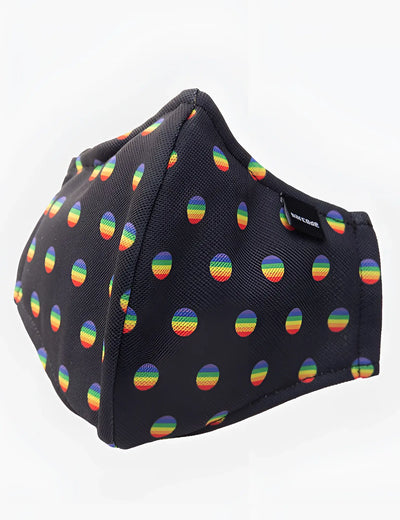 Black face mask features a rainbow polka dot pattern and textured fabric.