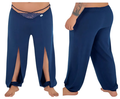 Navy loungewear pants with split legs, lace accents, and elastic waist.