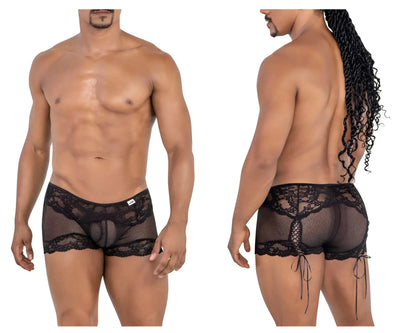 A muscular man wears black lace mesh trunks, shown from front and back.