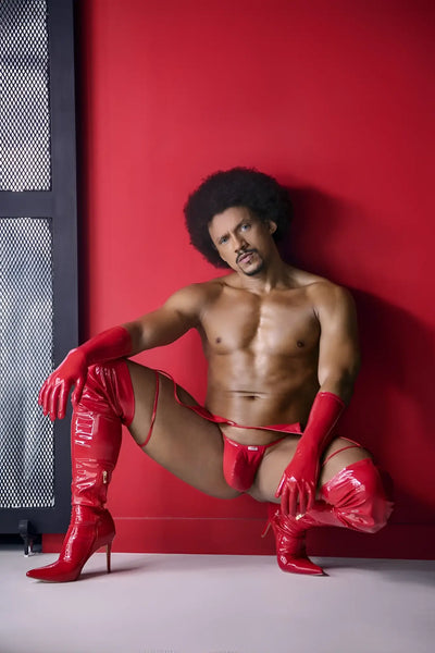 Shiny red CandyMan 99825 Dom costume outfit with latex thong and matching leg straps — men's designer outfits collection.