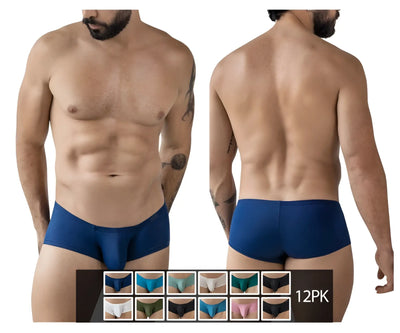 Man wearing blue trunks, front and back views, isolated on white background.