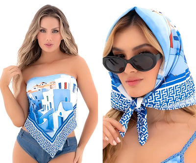 A woman models a blue and white patterned square scarf worn as a top.