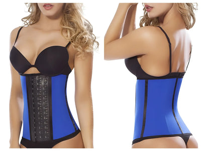A woman models a blue waist trainer against a plain white background.