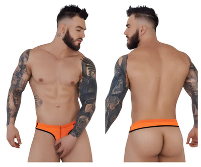 A bearded man models bright orange low-rise underwear from front and back.