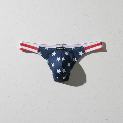 Black and gray camouflage briefs with white trim featuring bold u.s from the u-station underwear collection