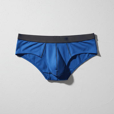 Cobalt blue men's brief with dark waistband and contrast stitching, flat lay on white textured surface