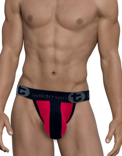 Muscular man wears red and black spandex thong with gray elastic waistband.