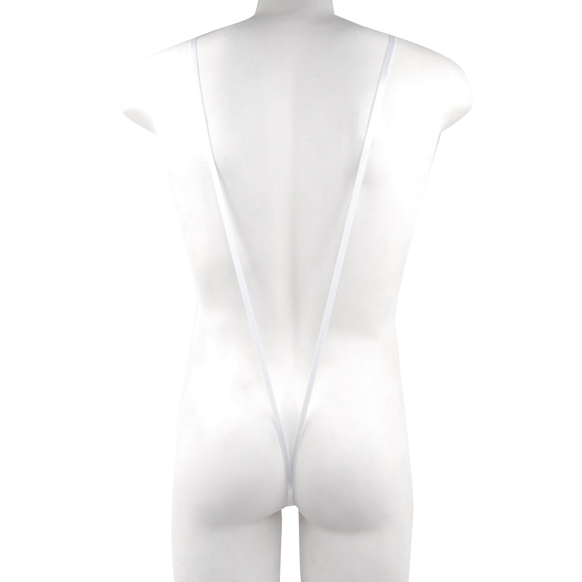 White sheer one-piece swimsuit with thin straps and deep back cutout by metro male wear titled miami bodysuit white 0008-00