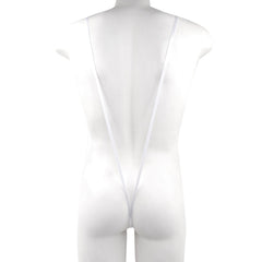 White sheer one-piece swimsuit with thin straps and deep back cutout by metro male wear titled miami bodysuit white 0008-00