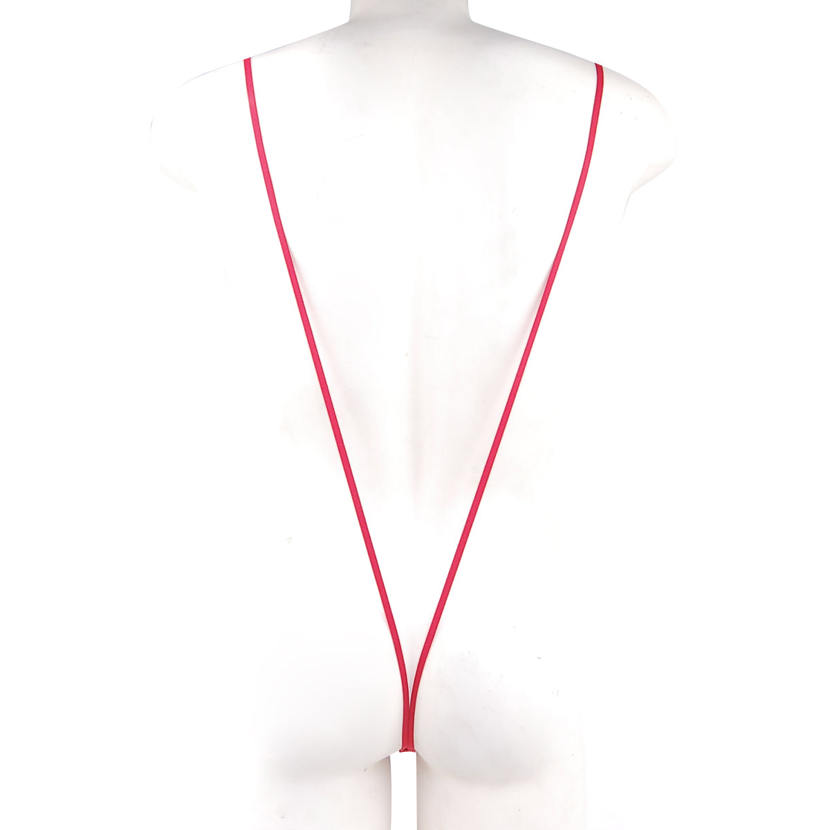 A sleek vibrant red MetroMaleWear Miami bodysuit with a minimalist white rectangular tag at the end of the lanyard