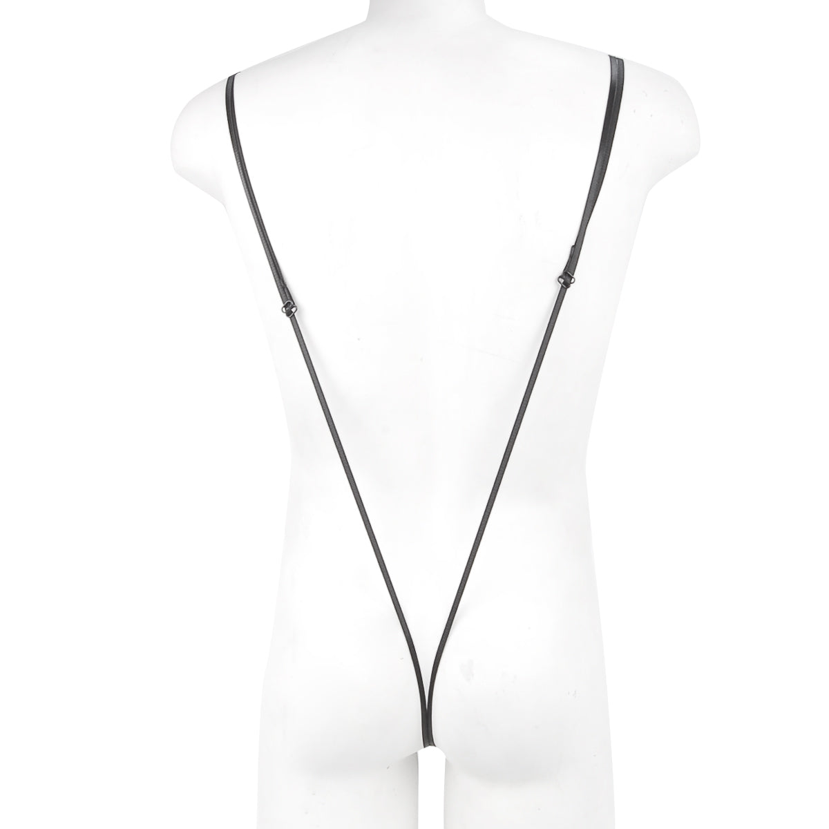 Black leather strap with adjustable metal clasps and a white cylindrical attachment from MetroMaleWear Miami bodysuit black 0008-20