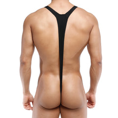 MetroMaleWear Kini Black 0009-20 black form-fitting y-back bodysuit made of sleek stretchy material shown from the back