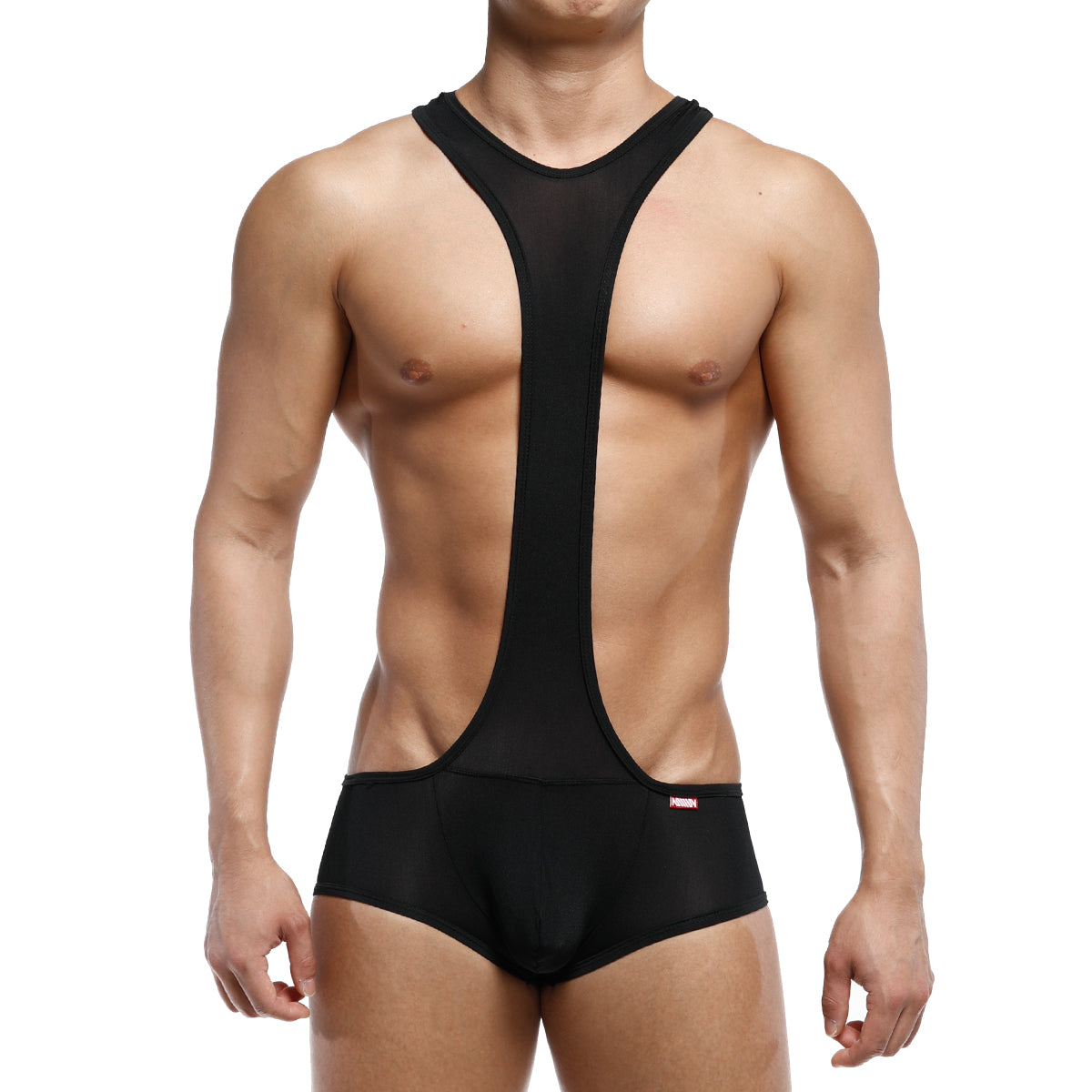 Black mesh and fabric wrestling singlet with central y-back design from MetroMaleWear Acme Singlet Black 0010-20 back view