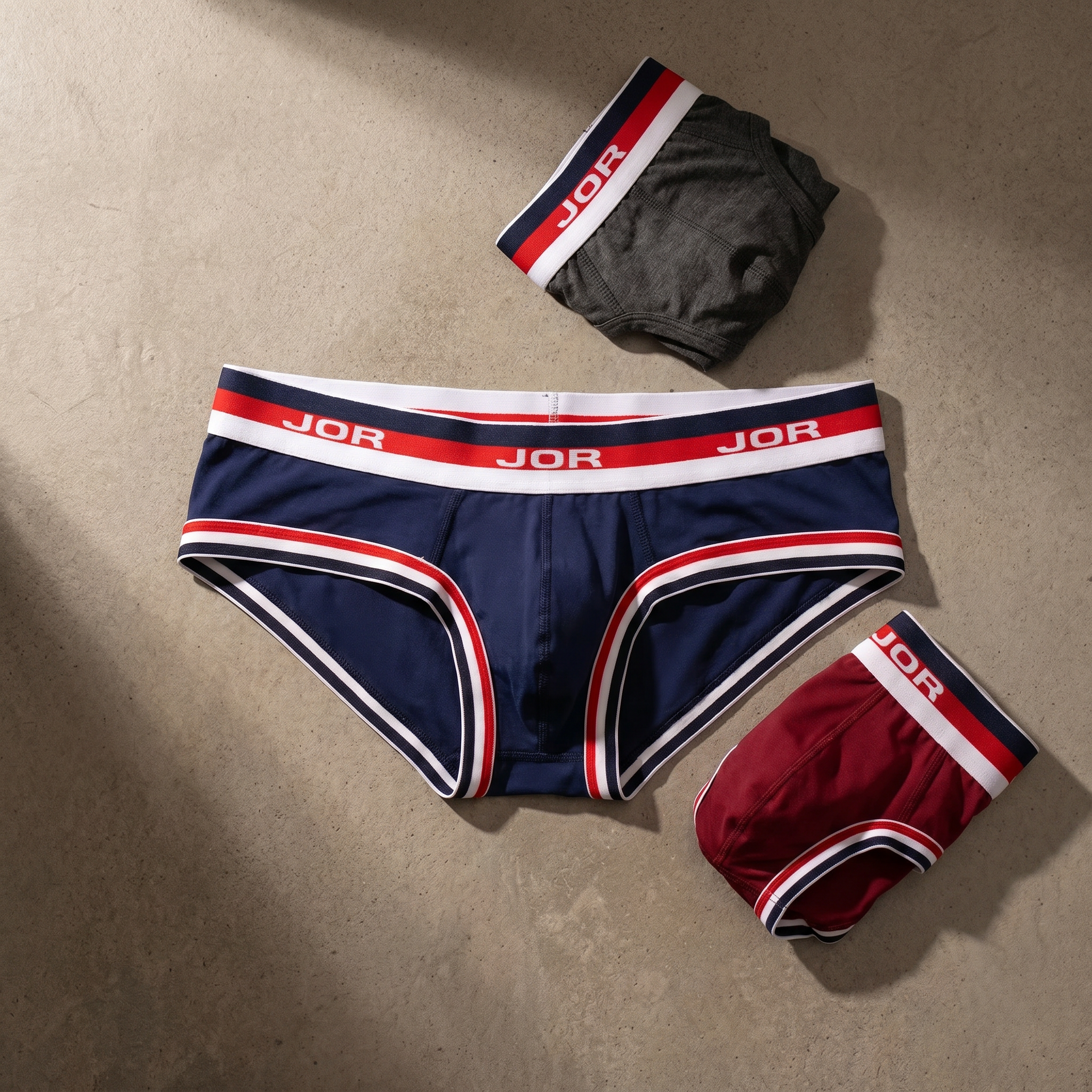 JOR navy blue designer briefs with red and white striped waistband flat lay on textured surface — clearance banner image