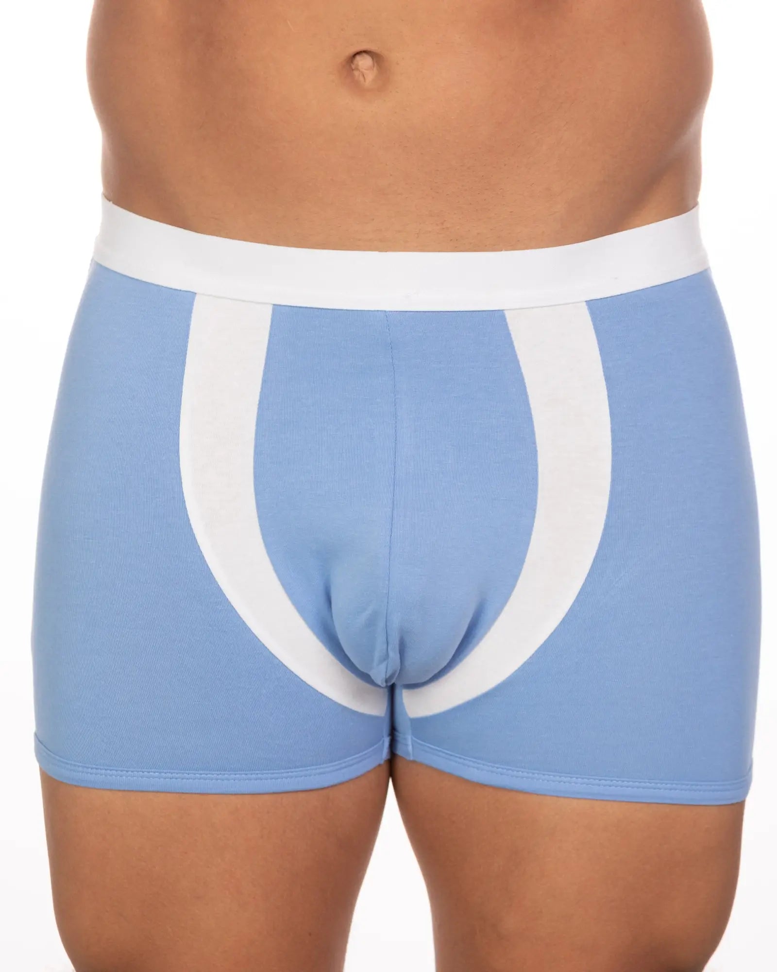 Light blue boxer briefs with white elastic waistband and bold curved stripe in 10 pack undergear basix alex trunk