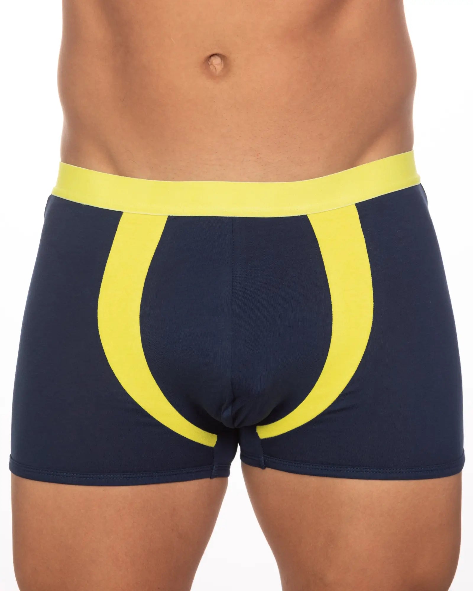Navy blue boxer briefs with bold yellow waistband and matching curved side stripes from 10-pack undergear basix alex trunk