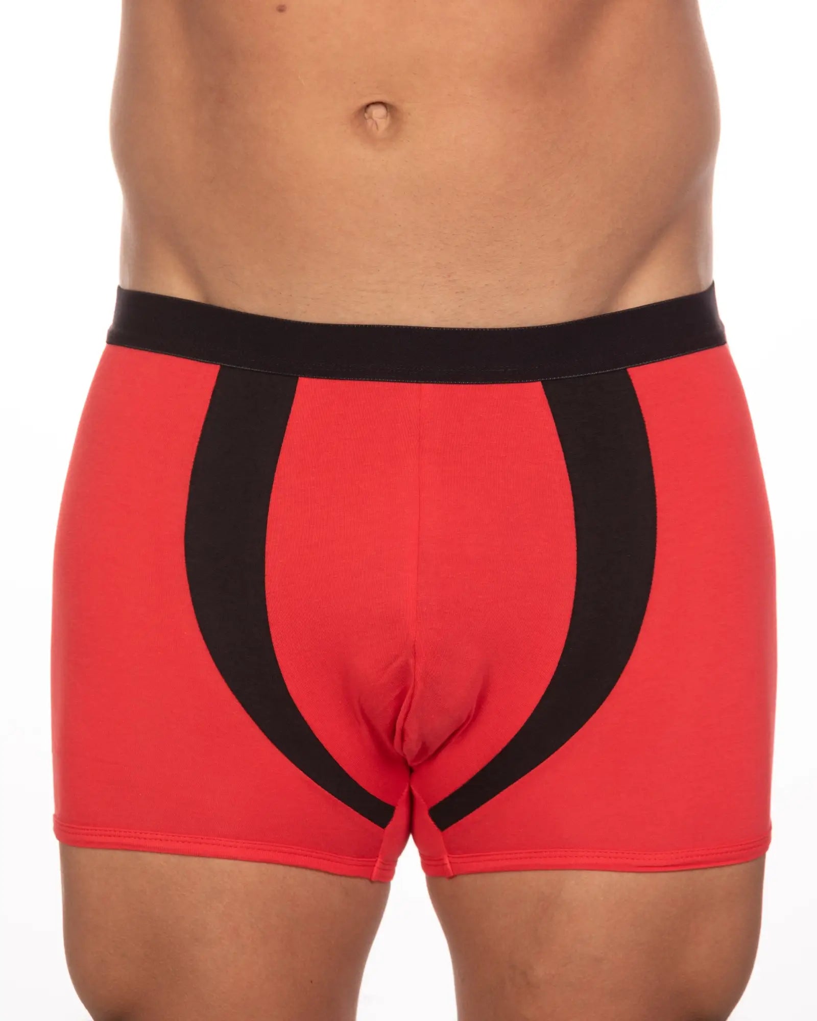 Red boxer briefs with black curved stripes and a solid black waistband from 10-pack undergear basix alex two-tone trunk