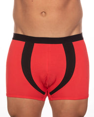 Red boxer briefs with black curved stripes and a solid black waistband from 10-pack undergear basix alex two-tone trunk