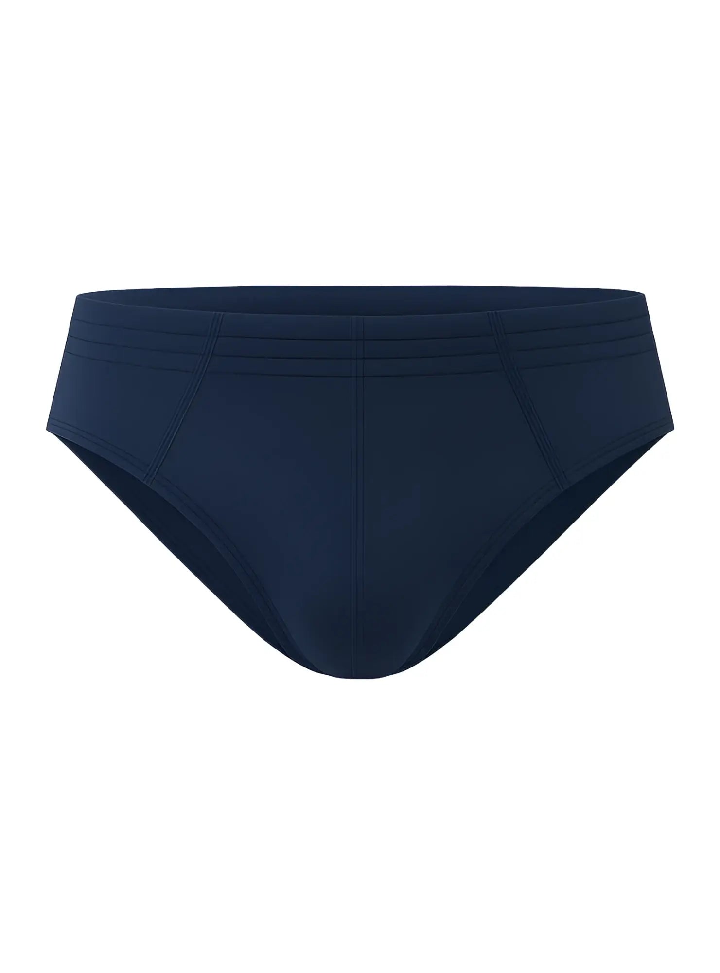 Navy blue 100% cotton brief swim trunks with smooth form-fitting fabric and subtle horizontal stitching on waistband