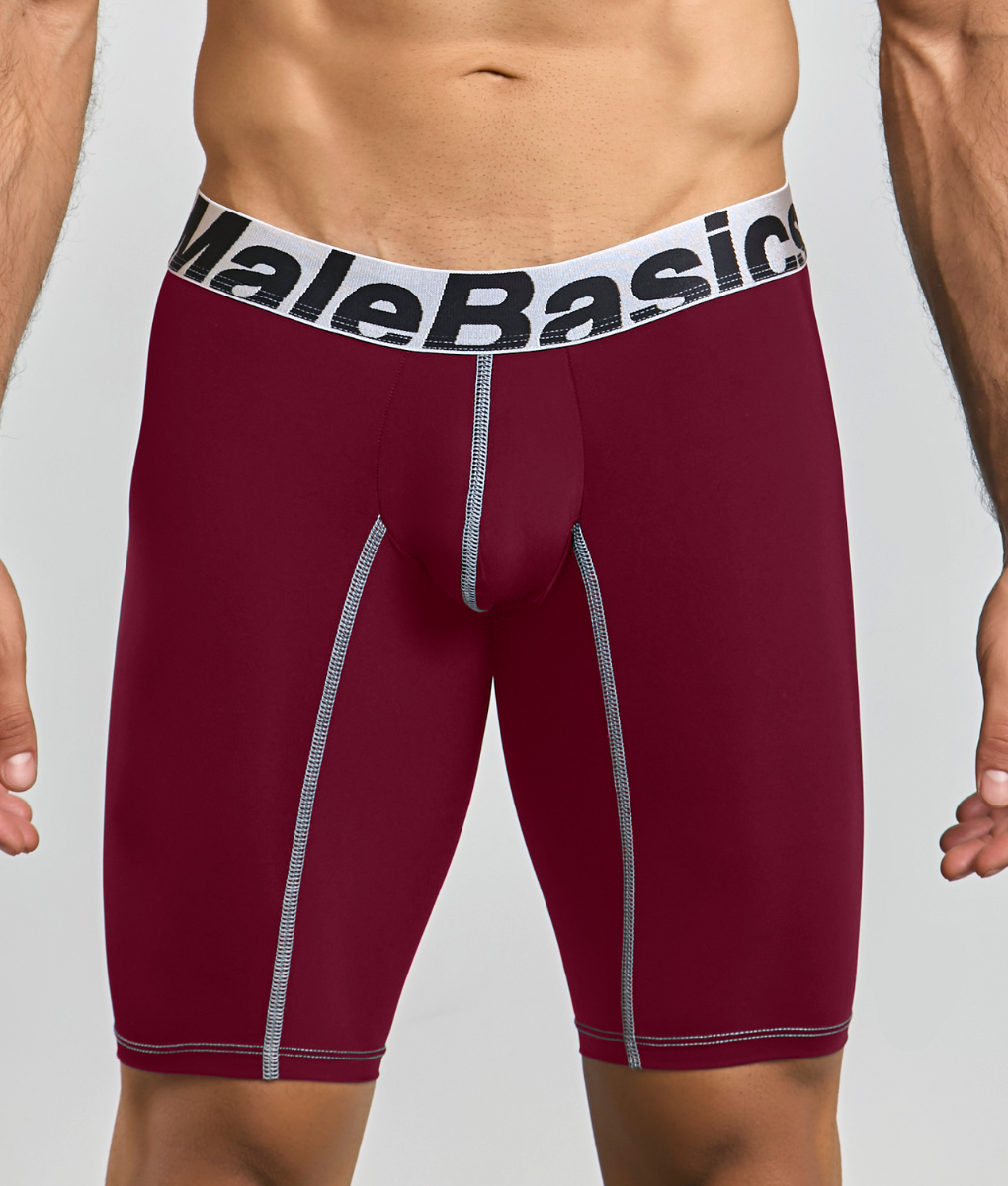 Maroon malebasics microfiber athletic boxer briefs with white waistband black lettering and silver side stitching final sale
