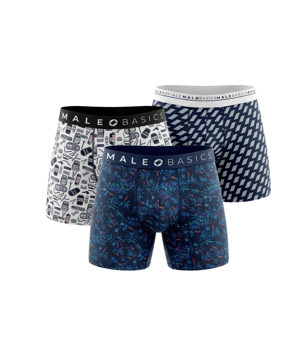 Three-pack of malebasics bundle boxerbrief men’s boxer briefs in assorted designs including retro tech icons and floral patterns