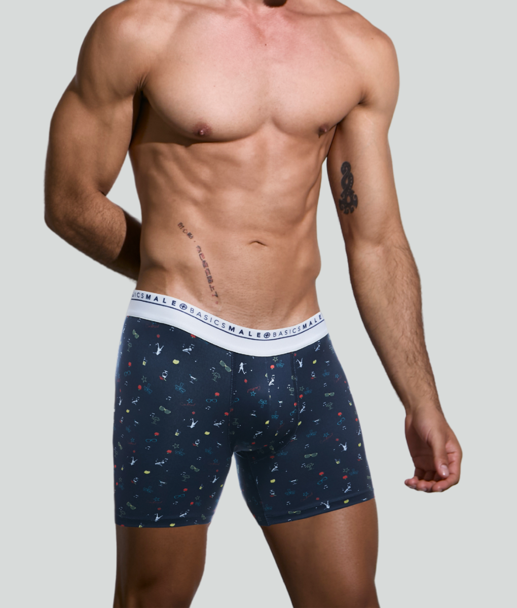 Navy blue malebasics bundle boxer briefs with white elastic waistband and colorful abstract patterns on fabric