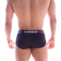 Black meheear brand metro malewear butt supporter trunk briefs in black with white logo waistband shown from front