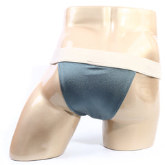 Dark teal satin briefs with wide beige waistband metroMalewear cosmos bikini moss 1124-07 front view
