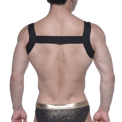 Back view of metro malewear logo harness black elastic strap harness with shoulder straps and central band