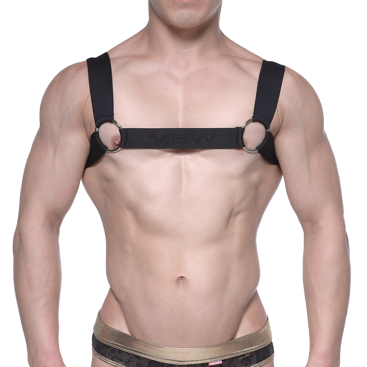 Black leather harness with metallic rings and central metro malewear logo strap model 1200-20