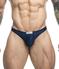 Navy blue men’s briefs with a white waistband label from Justin plus Simon classic tanga collection